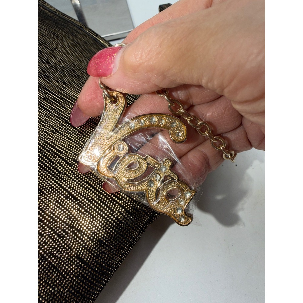 Vieta Metallic Gold Black Shimmer Clutch Bag with Rhinestone Charm Wristlet - Picture 8 of 14